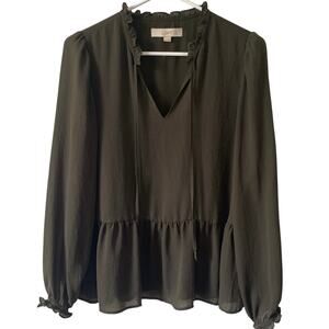 LOFT Green Peplum Blouse Size Small V Neck Relaxed Fit Balloon Sleeve